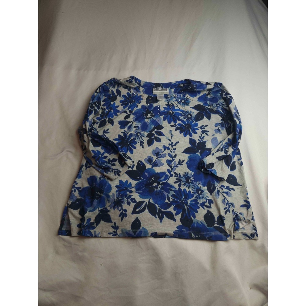 Alfred Dunner Blouse Top Womens PL Blue Floral Embellished 3/4 Sleeve Casual